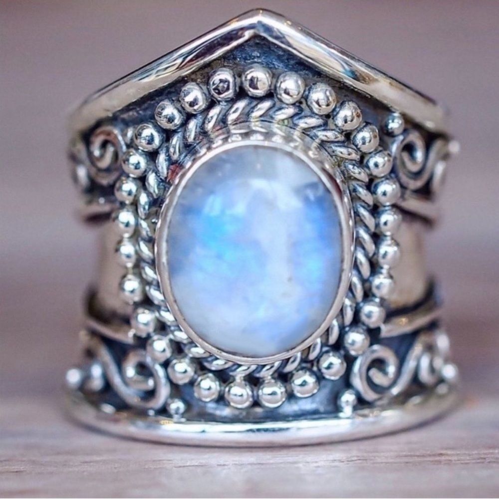 💎008💎 925 Silver Vintage Style Blue Rainbow Moonstone Wide Band Ring
